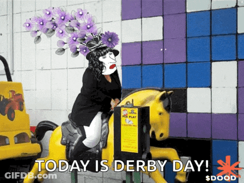 A Picture Of A Woman Riding A Merry Go Round With The Words Today Is Derby Day GIF