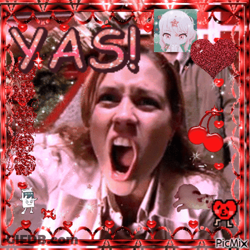 A Picture Of A Woman Screaming With The Word Yasi Written On It GIF
