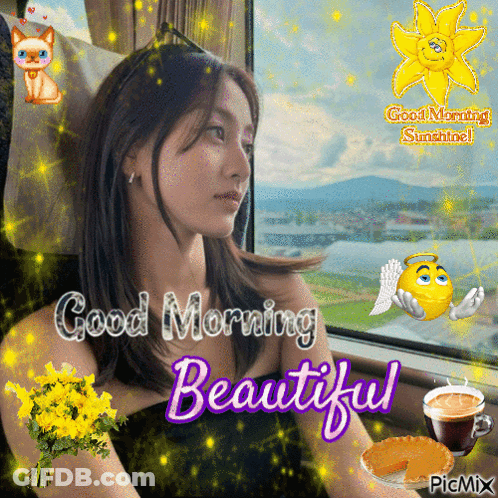 A Picture Of A Woman Sitting In Front Of A Window With The Words " Good Morning Beautiful " GIF