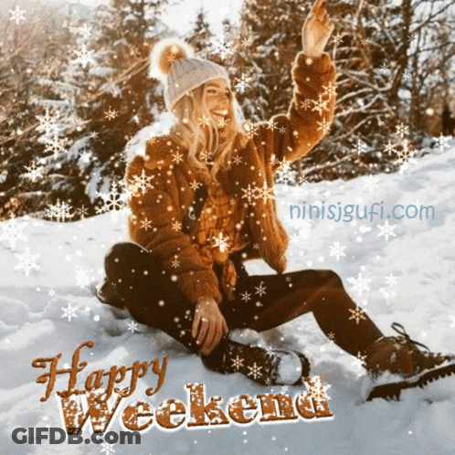 A Picture Of A Woman Sitting In The Snow With The Words Happy Weekend Written Above Her GIF