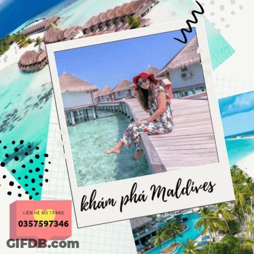 A Picture Of A Woman Sitting On A Dock With The Words Maldives On It GIF