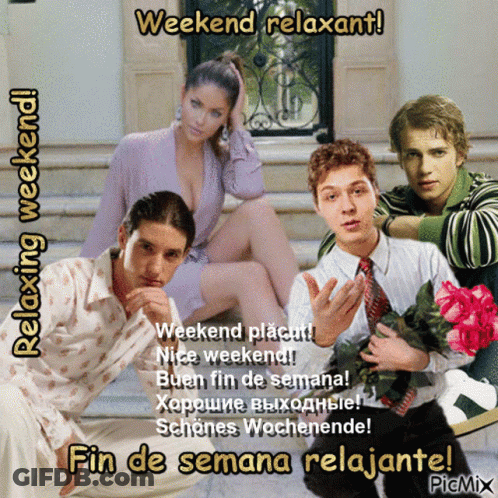 A Picture Of A Woman Sitting On A Staircase Next To Two Men With The Words Weekend Relaxant GIF