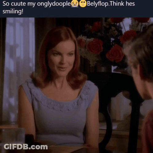 A Picture Of A Woman Smiling With The Caption So Cuute My On Glydoople Belyflop Think Hes Smiling GIF