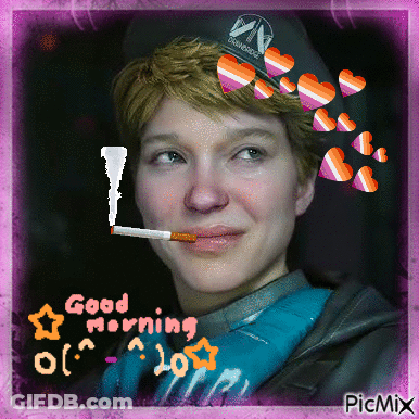 A Picture Of A Woman Smoking A Cigarette With The Words Good Morning Written On The Bottom GIF