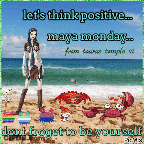A Picture Of A Woman Standing On A Beach Says Let 'S Think Positive Maya Monday GIF