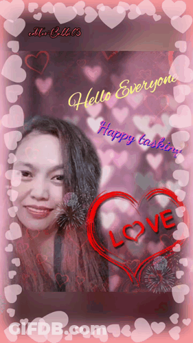 A Picture Of A Woman Surrounded By Hearts With The Words Hello Everyone Happy Tasking GIF