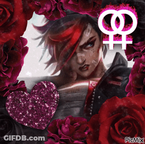 A Picture Of A Woman Surrounded By Red Roses With A Pink Female Symbol GIF