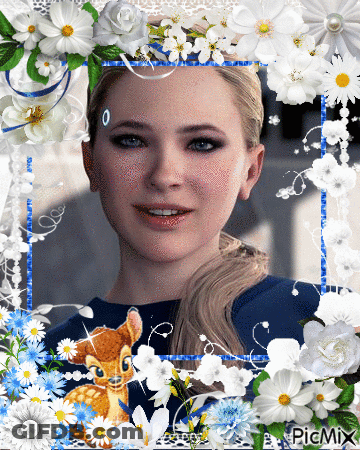 A Picture Of A Woman Surrounded By White Flowers And A Picture Of A Deer GIF