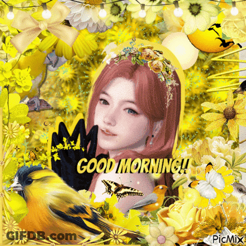 A Picture Of A Woman Surrounded By Yellow Flowers And Birds With The Words Good Morning GIF