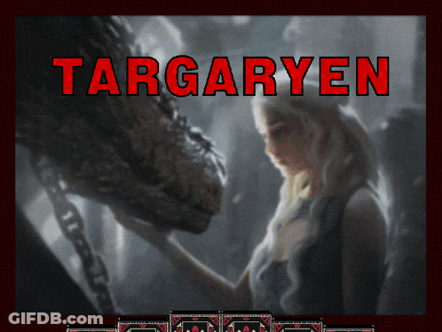 A Picture Of A Woman Touching A Dragon With Targaryen Written In Red GIF