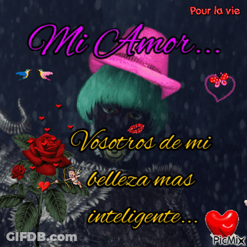 A Picture Of A Woman Wearing A Pink Hat With The Words Mi Amor GIF