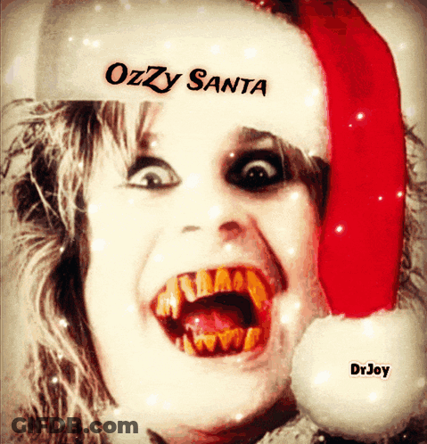 A Picture Of A Woman Wearing A Santa Hat And The Words Ozzy Santa GIF