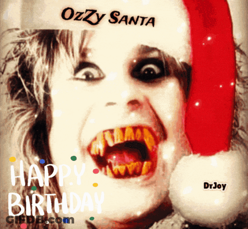 A Picture Of A Woman Wearing A Santa Hat That Says Ozzy Santa Happy Birthday GIF
