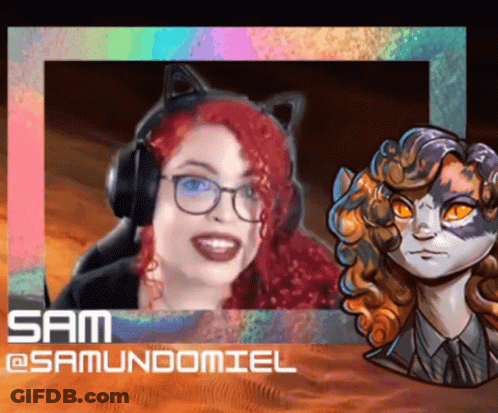 A Picture Of A Woman Wearing Headphones And A Picture Of A Cat With The Name Sam @Samundomiel GIF