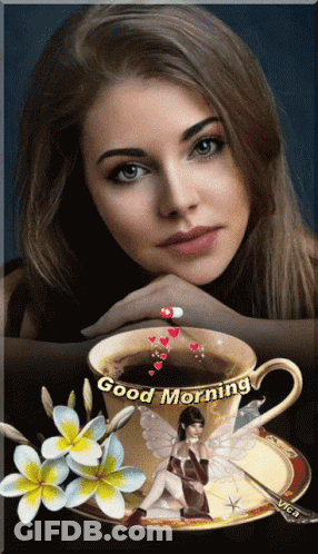 A Picture Of A Woman With A Cup Of Coffee And The Words Good Morning GIF