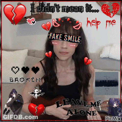 A Picture Of A Woman With A Fake Smile Sticker On Her Face GIF