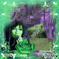 A Picture Of A Woman With A Green Rose In Front Of A Green And Purple Background GIF