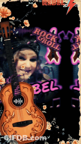 A Picture Of A Woman With A Guitar And A Sign That Says Rebel On It GIF