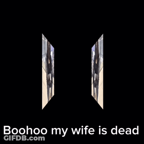 A Picture Of A Woman With A Mask On Her Face And The Words Boohoo My Wife Is Dead Below Her GIF