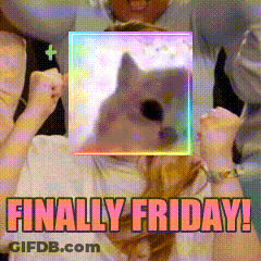 A Picture Of A Woman With A Picture Of A Dog Behind Her That Says Finally Friday GIF
