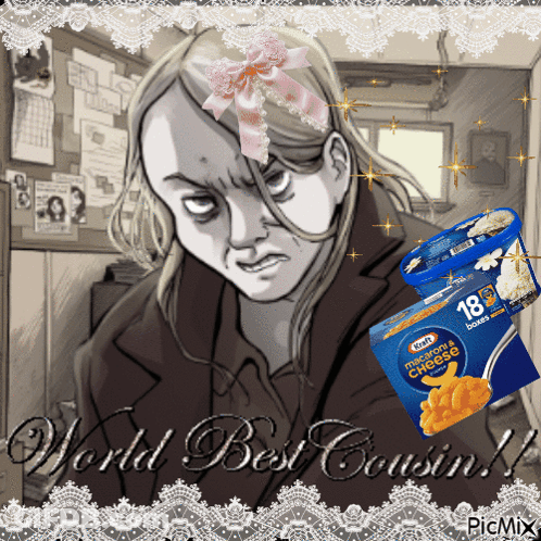 A Picture Of A Woman With A Pink Bow On Her Head And Kraft Macaroni And Cheese GIF