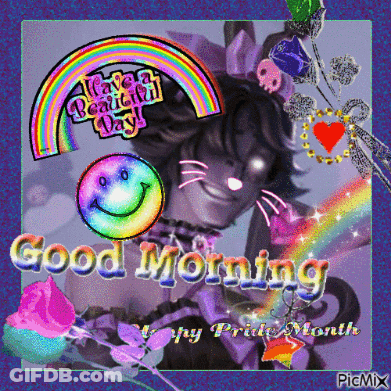 A Picture Of A Woman With A Rainbow And Smiley Face Says Good Morning GIF