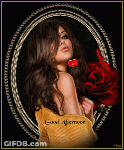 A Picture Of A Woman With A Red Rose And The Words " Good Afternoon " GIF