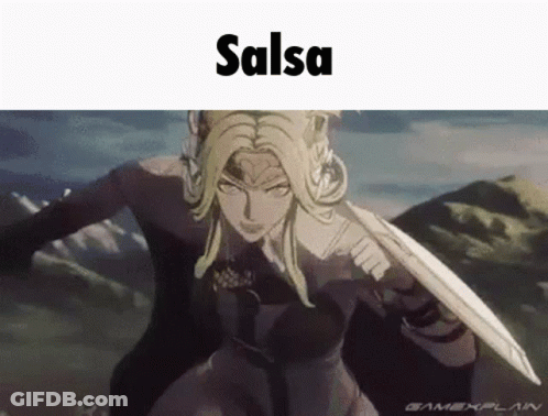 A Picture Of A Woman With A Sword And The Word Salsa GIF