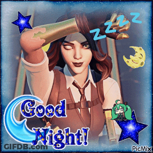 A Picture Of A Woman With A Telescope And The Words Good Night On The Bottom GIF