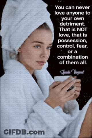 A Picture Of A Woman With A Towel Wrapped Around Her Head Holding A Cup Of Coffee GIF