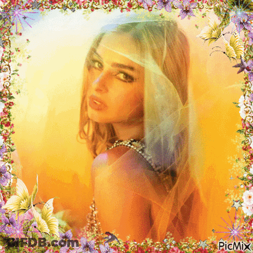 A Picture Of A Woman With A Veil On Her Head Is Surrounded By Flowers And Butterflies With The Caption Picmix GIF