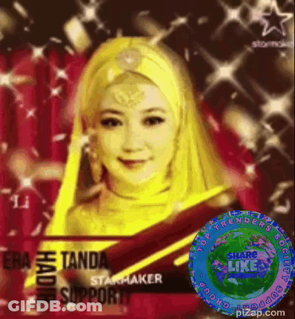 A Picture Of A Woman With A Yellow Head Scarf And The Words " Share Like " GIF