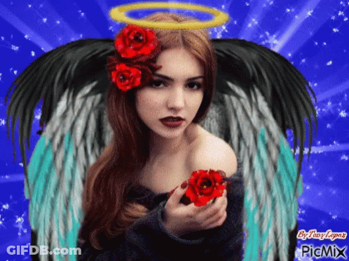 A Picture Of A Woman With Angel Wings Holding A Rose GIF