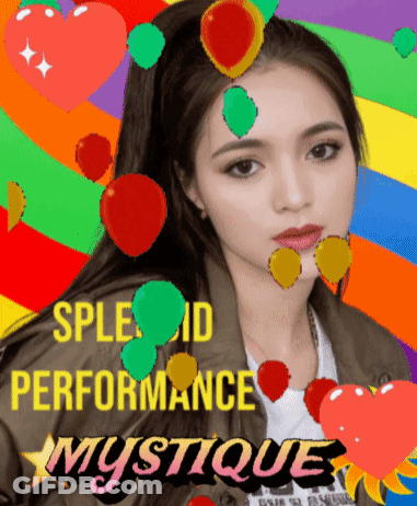 A Picture Of A Woman With Balloons On Her Head And The Words " Sple Id Performance Mystique " GIF