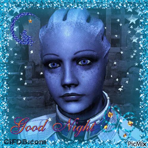 A Picture Of A Woman With Blue Eyes And The Words Good Night GIF