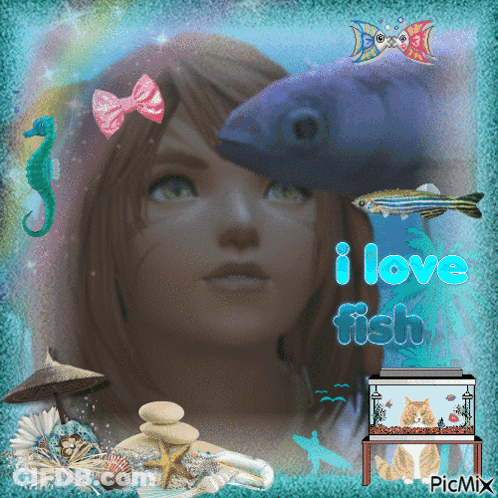 A Picture Of A Woman With Fish And The Words I Love Fish Below Her GIF