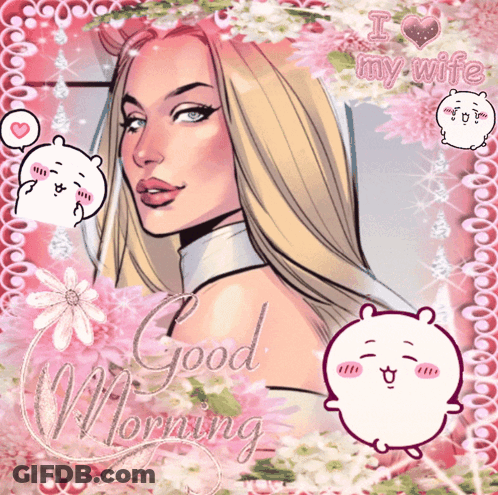 A Picture Of A Woman With Flowers And The Words Good Morning On It GIF