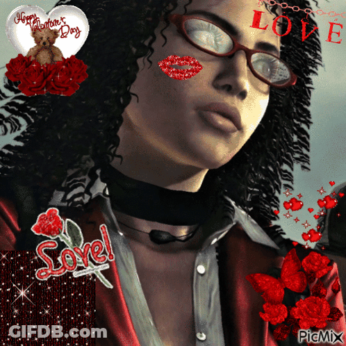 A Picture Of A Woman With Glasses And A Valentine 'S Day Heart On Her Face GIF