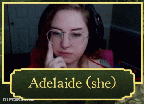 A Picture Of A Woman With Glasses And The Name Adelaide On The Bottom GIF