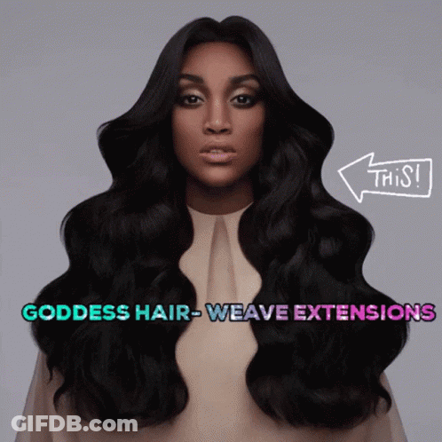 A Picture Of A Woman With Goddess Hair Weave Extensions Written On It GIF