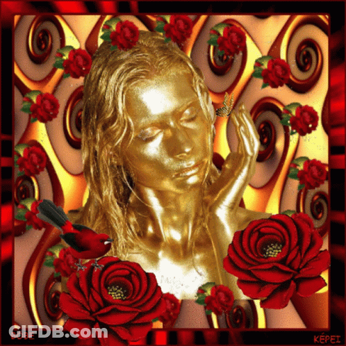 A Picture Of A Woman With Gold Paint On Her Face And Red Roses GIF