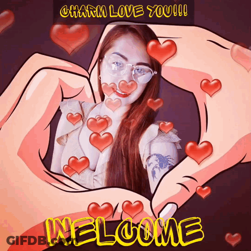 A Picture Of A Woman With Hearts Around Her And The Words Charm Love You Welcome GIF