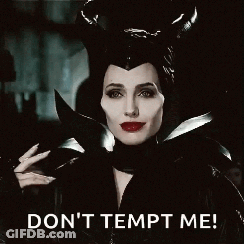 A Picture Of A Woman With Horns And The Words " Don 'T Tempt Me " On The Bottom GIF