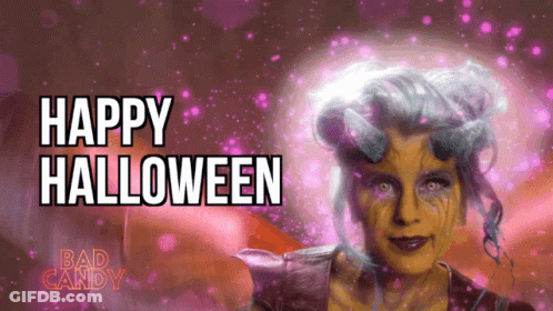 A Picture Of A Woman With Horns And The Words " Happy Halloween " GIF