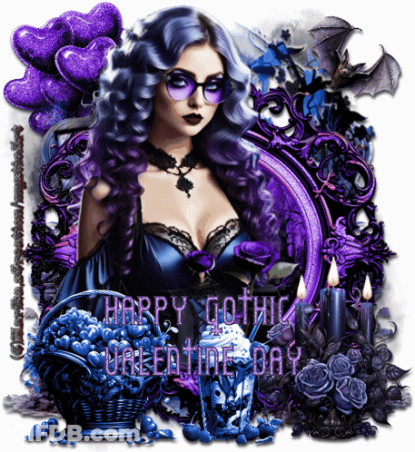 A Picture Of A Woman With Purple Hair And Glasses Says Happy Gothic Valentine Day GIF
