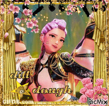 A Picture Of A Woman With Purple Hair Is Surrounded By Pink Flowers And The Words " Dill Dough " GIF