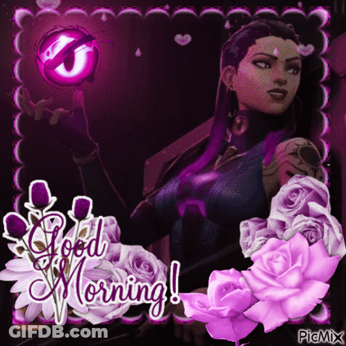 A Picture Of A Woman With Purple Roses And The Words Good Morning On The Bottom GIF