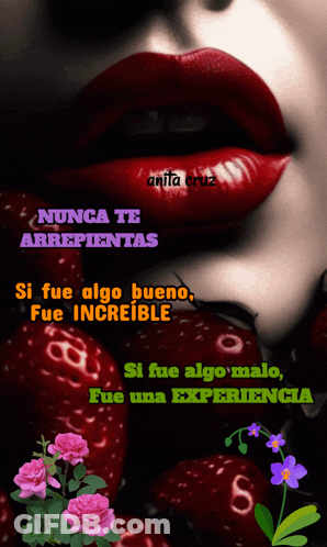 A Picture Of A Woman With Red Lips And The Words Nunca Te Arrepentas GIF
