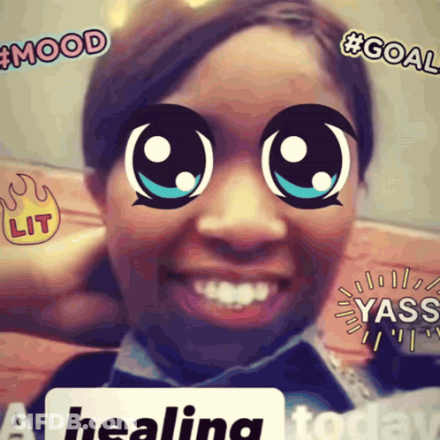 A Picture Of A Woman With Stickers On Her Face Including One That Says Lit On It GIF