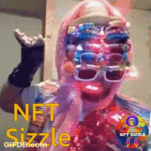 A Picture Of A Woman With Sunglasses On Her Face And The Words Nft Sizzle On The Bottom GIF